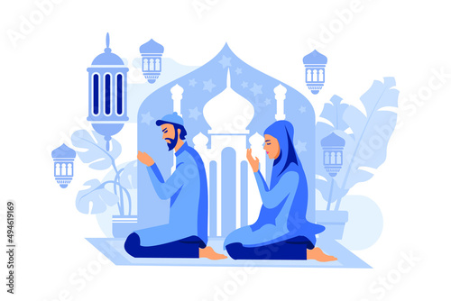 Muslim couple man and his wife are praying together on the night of Ramadan Kareem. Muslim people perform Taraweeh prayer in congregation during Ramadan. Flat style vector illustration