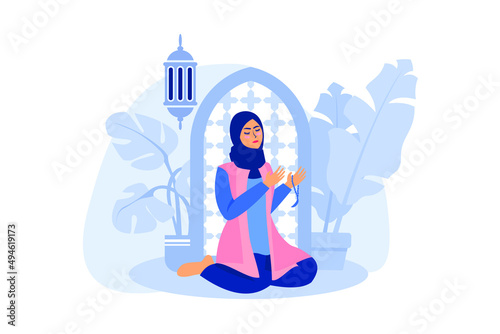 Muslim woman praying to allah during salat vector flat illustration. islam girl sitting with begging hand gesture character design