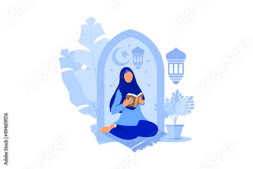 flat illustration of man and woman studying and reading the holy quran in their daily activity