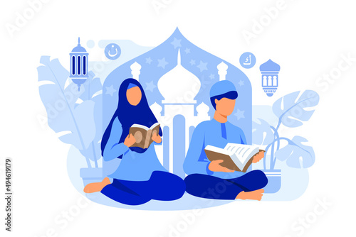 Muslim couple reading and studying the Quran during Ramadan Kareem holy Month vector illustration
