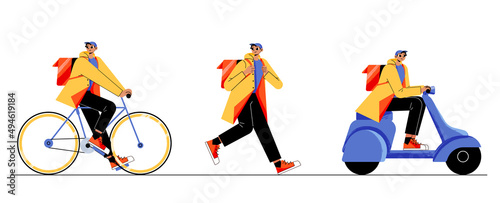 Courier deliver parcels on bicycle, by feet and scooter. Shipping service worker with correspondence, mail, documents, food, order transportation to customer, Cartoon line art flat vector illustration