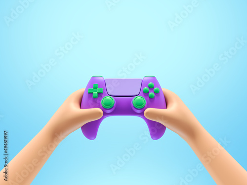 Cartoon character hands holding purple gamepad controller isolated over blue background. Console Pc gaming and online cybersport concept. 3d render illustration.