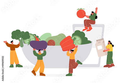 Healthy food concept with people carry vegetables to bowl. Vector flat illustration of men and women with organic local products, big fresh tomato, broccoli, eggplant, milk box and glass