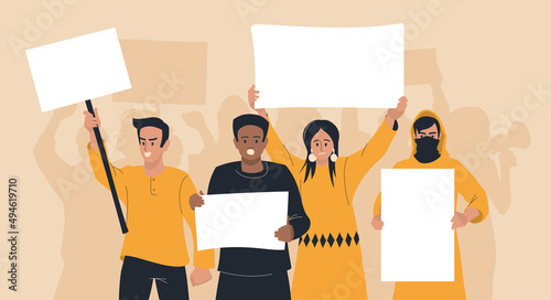 Protest. Women and men with posters express their opinion. People at the rally. Vector image.