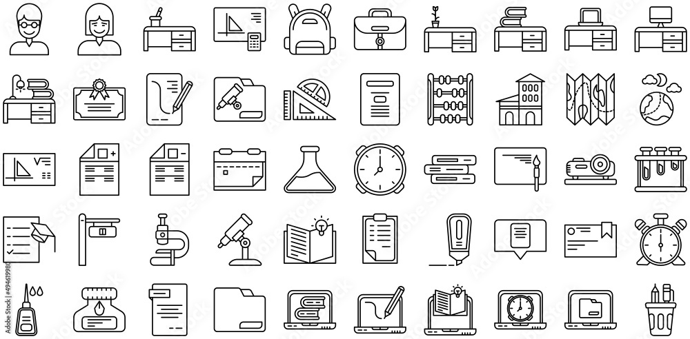 a set of school supplies and education icons, line style a set of school supplies and education icons, line style