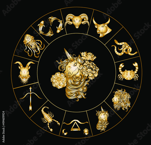 Circle flower of Astrology design.horoscope circle with signs of zodiac set vector.signs such as a aries, taurus, gemini, cancer, leo, virgo, libra, scorpio, sagittarius, capricorn,aquarius, pisces.
