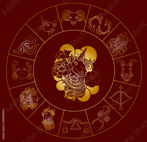 Circle flower of Astrology design.horoscope circle with signs of zodiac set vector.signs such as a aries, taurus, gemini, cancer, leo, virgo, libra, scorpio, sagittarius, capricorn,aquarius, pisces.
