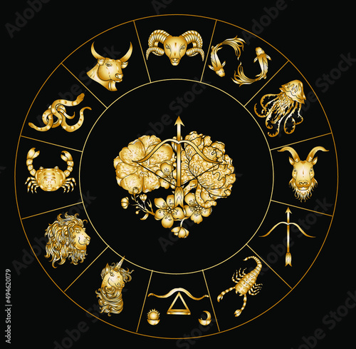 Circle flower of Astrology design.horoscope circle with signs of zodiac set vector.signs such as a aries, taurus, gemini, cancer, leo, virgo, libra, scorpio, sagittarius, capricorn,aquarius, pisces.