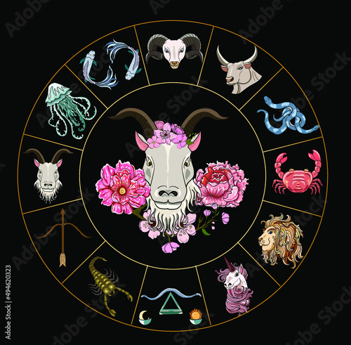 Circle flower of Astrology design.horoscope circle with signs of zodiac set vector.signs such as a aries, taurus, gemini, cancer, leo, virgo, libra, scorpio, sagittarius, capricorn,aquarius, pisces.