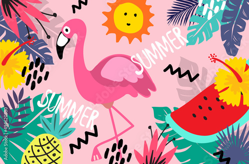 summer pink background banner sun pineapple flamingo yellow flower watermelon