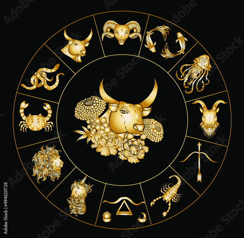 Circle flower of Astrology design.horoscope circle with signs of zodiac set vector.signs such as a aries, taurus, gemini, cancer, leo, virgo, libra, scorpio, sagittarius, capricorn,aquarius, pisces.