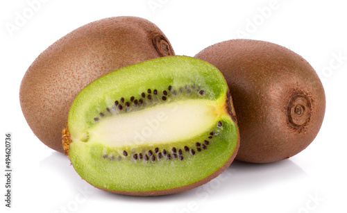Close up of Whole and sliced kiwi fruit and sliced isolated on white background