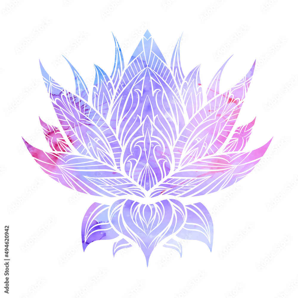 Obraz premium Vector silhouette of lotus with violet and pink watercolor background. Colorful print of water lily for icon. Natural sacred symbol