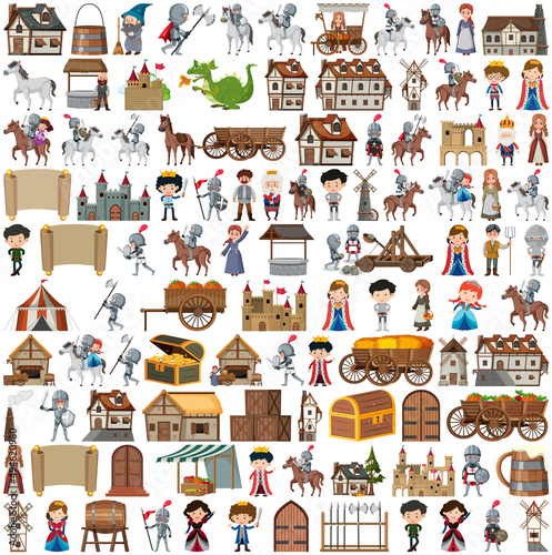 Medieval characters buildings set