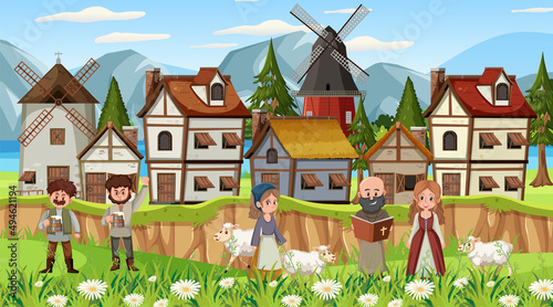 Obraz na płótnie Medieval town scene with villagers