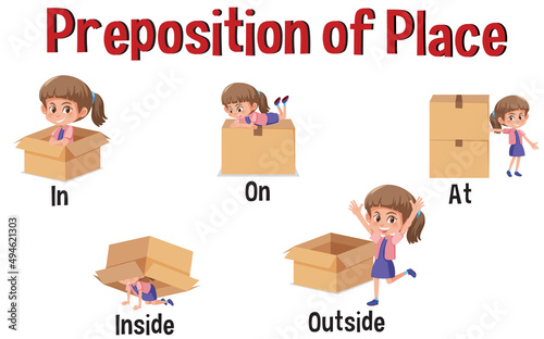 Preposition wordcard with girl and boxes