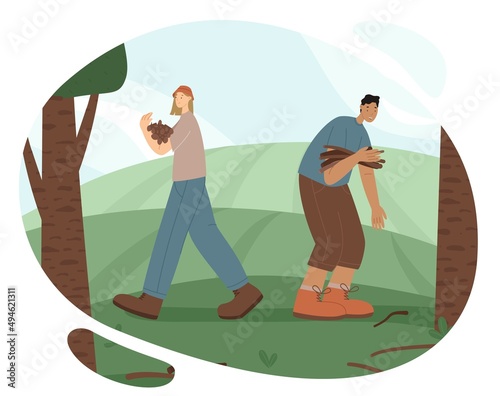 Hikers collect dry branches for a fire vector illustration. Travelers in the wild concept. Illustration for web banners isolated on a white background