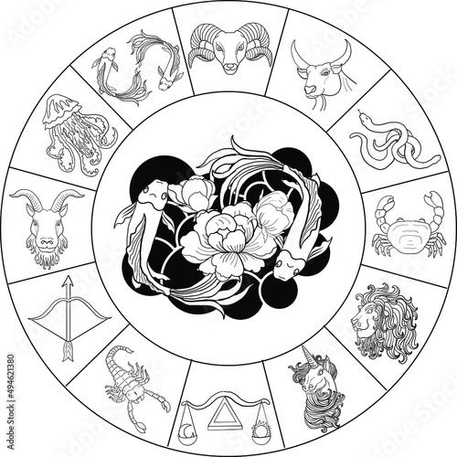 Circle flower of Astrology design.horoscope circle with signs of zodiac set vector.signs such as a aries, taurus, gemini, cancer, leo, virgo, libra, scorpio, sagittarius, capricorn,aquarius, pisces.