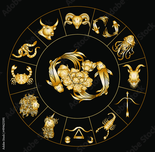 Circle flower of Astrology design.horoscope circle with signs of zodiac set vector.signs such as a aries, taurus, gemini, cancer, leo, virgo, libra, scorpio, sagittarius, capricorn,aquarius, pisces.