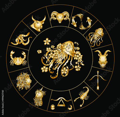Circle flower of Astrology design.horoscope circle with signs of zodiac set vector.signs such as a aries, taurus, gemini, cancer, leo, virgo, libra, scorpio, sagittarius, capricorn,aquarius, pisces.