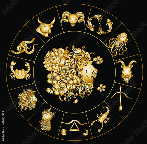 Circle flower of Astrology design.horoscope circle with signs of zodiac set vector.signs such as a aries, taurus, gemini, cancer, leo, virgo, libra, scorpio, sagittarius, capricorn,aquarius, pisces.