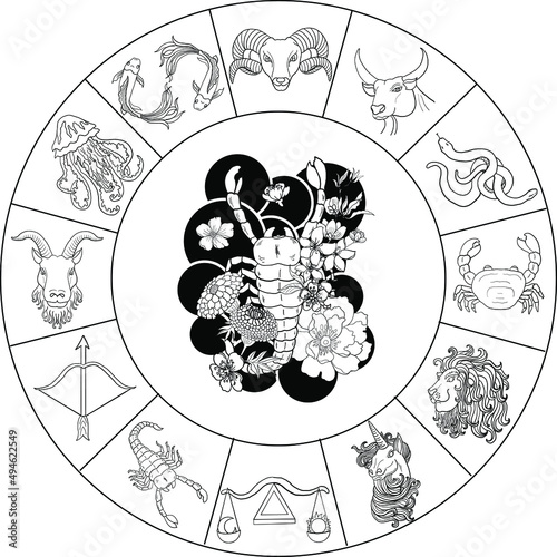 Circle flower of Astrology design.horoscope circle with signs of zodiac set vector.signs such as a aries, taurus, gemini, cancer, leo, virgo, libra, scorpio, sagittarius, capricorn,aquarius, pisces.