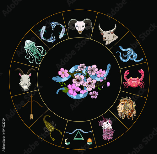 Circle flower of Astrology design.horoscope circle with signs of zodiac set vector.signs such as a aries, taurus, gemini, cancer, leo, virgo, libra, scorpio, sagittarius, capricorn,aquarius, pisces.