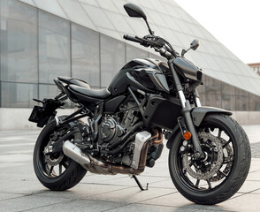 Tableau sur plexiglas Moto Moto noire personnalisée en ville  © Fxquadro
