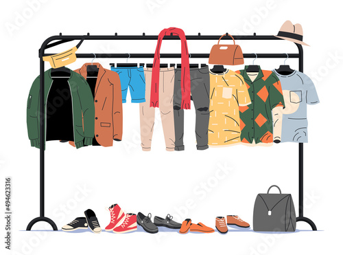 Clothes and Accessories Hanging on Hanger. Home or Shop Wardrobe. Clothes and Accessories. Various Hanging Clothing. Jacket, Shirt, Jeans, Pants, Bags, Shoes and Hats. Cartoon Flat Vector Illustration