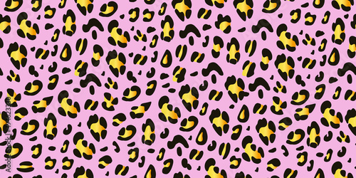 Pink and yellow leopard seamless pattern. Animalistic print. Ideal for printing on fabric and paper. Vector hand-drawn background.