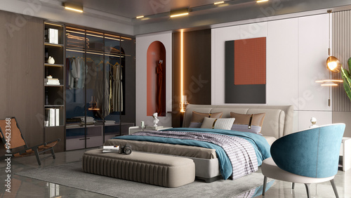 Camera da letto di design moderno, armadio con vestiti, armadio, letto, vetro, poltrona, 3d rendering photo