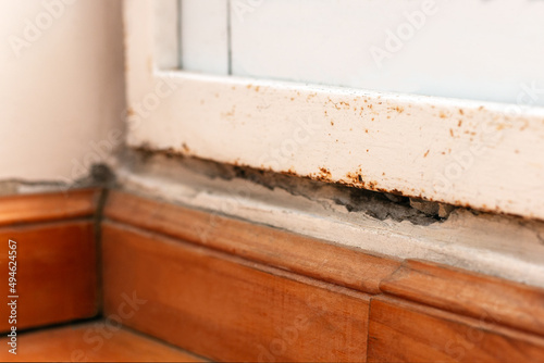 Humidity and rust on the wall and window frame respectively, height of the plinth from the floor