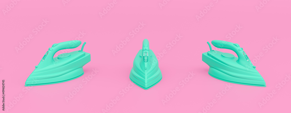 3D render illustration of electric iron. Modern trendy design.  Pink and blue colors.