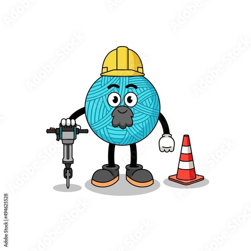 Character cartoon of yarn ball working on road construction