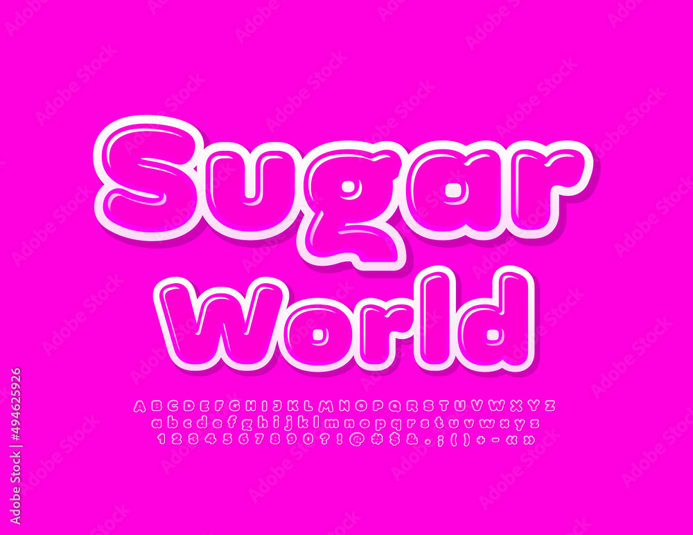 Vector delicious emblem Sugar World. Creative Pink Font. Glossy Alphabet Letters and Numbers set Vector delicious emblem Sugar World. Creative Pink Font. Glossy Alphabet Letters and Numbers set