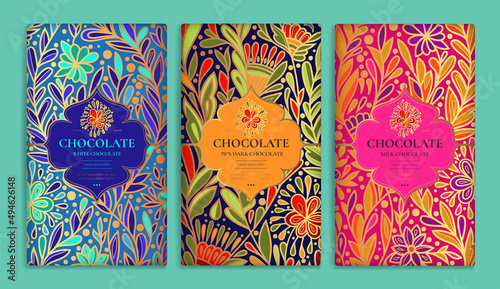 Colorful set of chocolate bar packaging design in abstract style. Vector luxury template with ornament elements. Can be used for background and wallpaper. Great for food and drink package types.