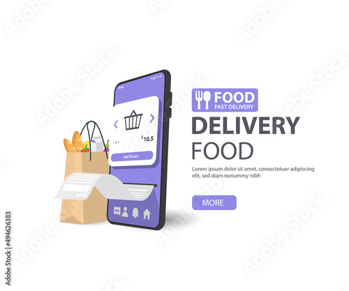 Food delivery service concept illustration. Smartphone and packages with food on mobile