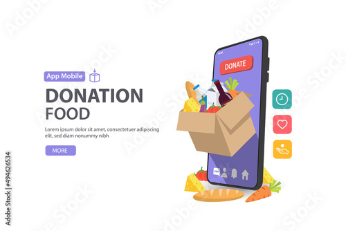 Food and meal donation to people with app on a smartphone, volunteering and charity illustration