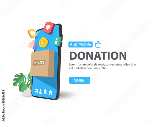 e-donation concept.close-up of box donate make an online donate via mobile phone