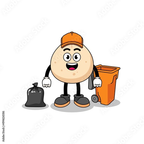 Illustration of meat bun cartoon as a garbage collector
