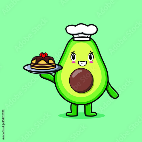 Cute Cartoon chef avocado character serving cake on tray cute style design in 3d cartoon style concept