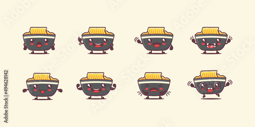 noodle cartoon. food vector illustration. with different faces and expressions