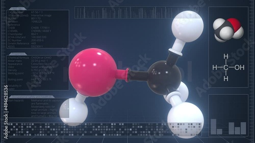 Molecule of methanol with infographics on the computer monitor, loopable 3d animation photo