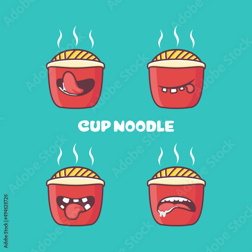 cup noodle cartoon. instant food vector illustration. with different mouth expressions