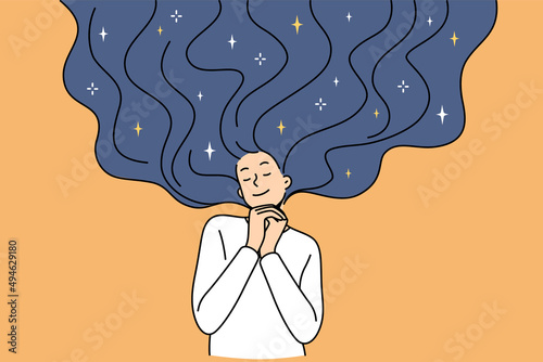 Happy young woman dream or imagine future. Calm smiling girl feel dreamy and pensive make plans or daydream. Visualization and imagination. Flat vector illustration. 