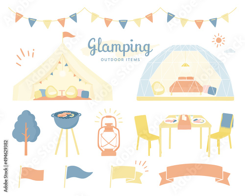 グランピングのイラストセット　キャンプ　アウトドア　テント　BBQ　旗　リボン　テーブル　屋外