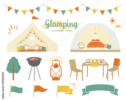 グランピングのイラストセット　キャンプ　アウトドア　テント　BBQ　旗　リボン　テーブル　屋外
