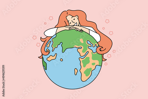 Smiling young woman hug planet Earth show love and care to nature. Happy girl embrace globe demonstrate environment protection and safety. Ecology awareness. Flat vector illustration. 