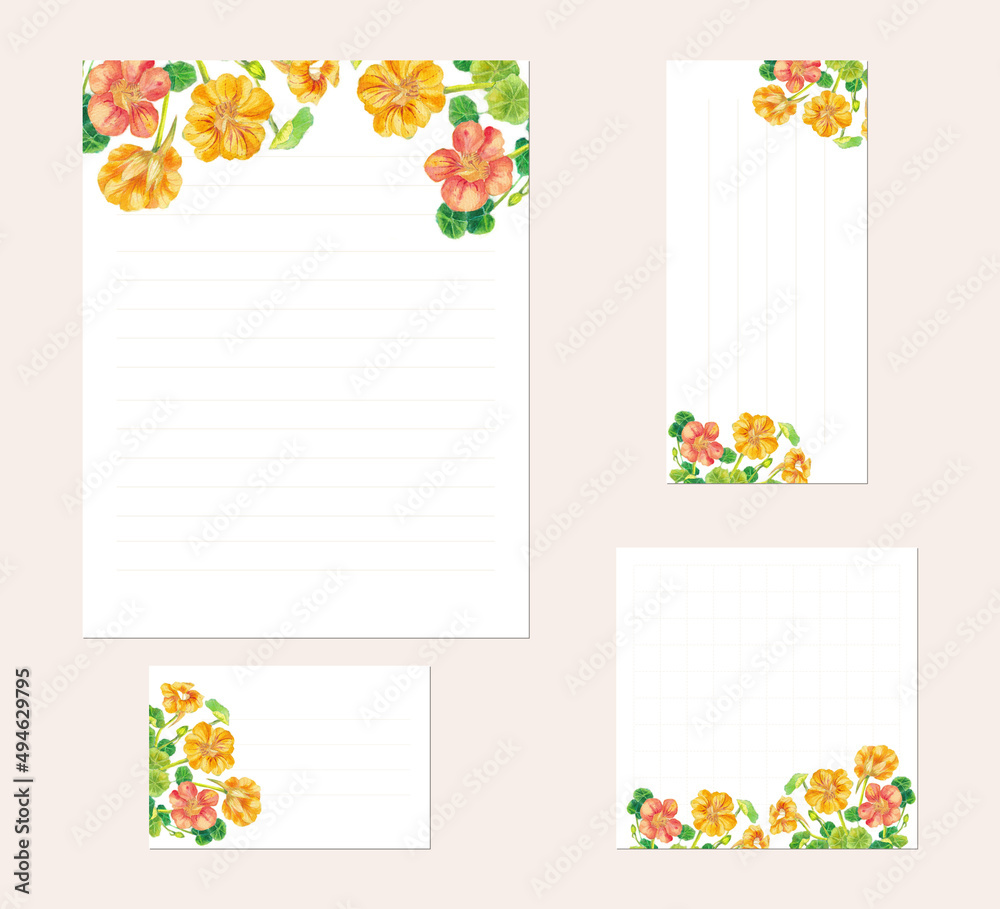 stationery set with hand painted watercolor illustration of nasturtium, for letter, memo, card, note