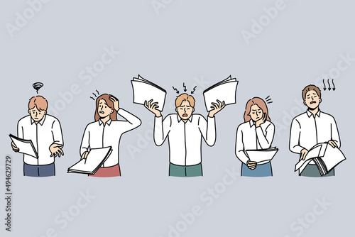 Unhappy businesspeople with paperwork frustrated with bad financial results. Upset confused employees or workers with documents failed with company statistics. Flat vector illustration. 